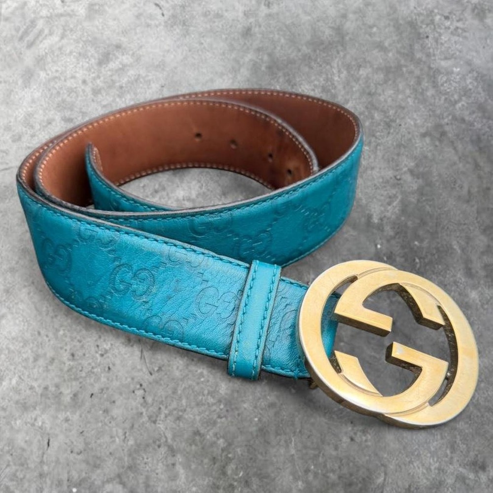 Gucci Guccissima Interlocking G Leather Belt Teal Blue Gold 35-34